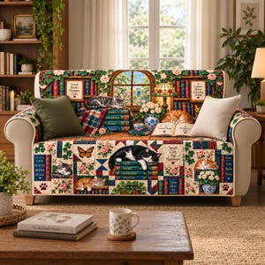 May include: A sofa cover featuring a patchwork design of cats, books, flowers, and butterflies. The print includes text such as Good Books Happier Cats, A Calmer Home A Kinder World, and Small Cats Big Happiness, with a central window scene.