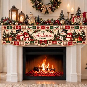 Personalisierter Weihnachtskaminschal, Schneemann-Kamindekoration mit Familiennamen, rustikale Weihnachtsdekoration im Landhausstil