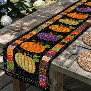 May include: A quilted table runner featuring a black background with a repeating pattern of orange, purple, and green pumpkins. The runner is bordered by a patchwork design of colorful floral and geometric fabric squares with white stitching.