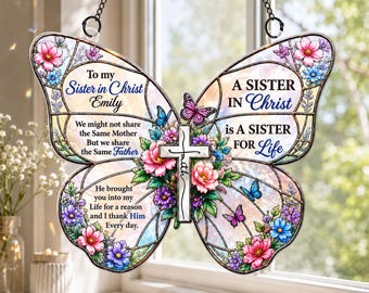 Atrapasueños de cristal personalizado para mi hermana en Cristo, regalo cristiano para hermana, decoración de ventana con mariposa y nombre personalizado, regalo de amistad y fe
