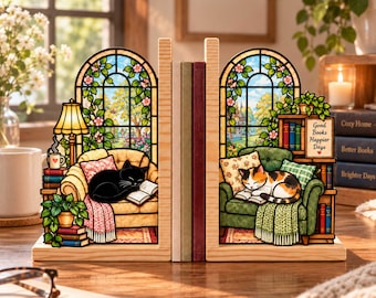 Cat Acrylic Bookends, Cozy Reading Nook Book Ends, Book Lover Gift, Cat Lover Decor, Cute Bookshelf Decor, Library Gift for Readers