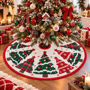 May include: A round white fabric Christmas tree skirt featuring a quilted pattern with alternating green and red appliqued Christmas trees. The trees are decorated with small gold and red ornaments, and the border is trimmed in red.