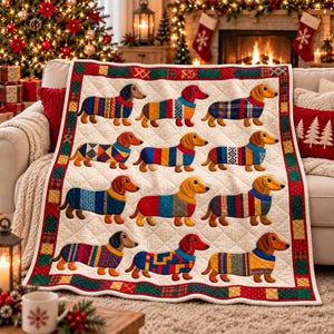 May include: A cream-colored quilted throw blanket featuring a repeating pattern of twelve dachshunds wearing colorful, textured sweaters. The blanket is framed by a decorative border of red, green, and gold patchwork squares.