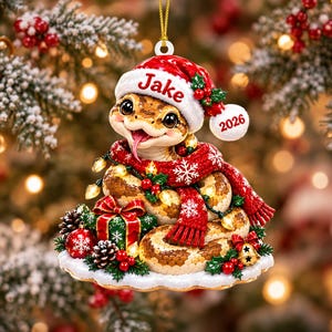 May include: A hanging Christmas ornament featuring a brown and tan snake wearing a red and white Santa hat with the name Jake and the year 2026 printed on it. The snake is wrapped in a red scarf with white snowflakes, surrounded by lights.