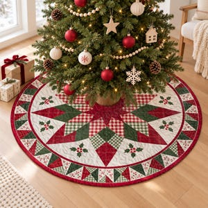 May include: A round quilted Christmas tree skirt featuring a central star pattern in red, green, and white. The fabric displays a mix of solid colors, gingham checks, and holly berry prints with a stitched texture throughout the surface.