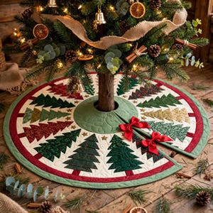 May include: A circular quilted Christmas tree skirt featuring a pattern of alternating green and red fabric Christmas trees on a cream background. The skirt has a sage green center, a red border, and two red fabric bows at the opening.