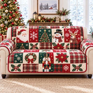 Santa Christmas Quilted Sofa Cover, Nutcracker Snowman Reindeer Patchwork Couch Protector, Vintage Farmhouse Holiday Decor