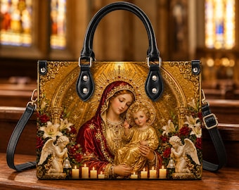 Virgin Mary and Baby Jesus Leather Handbag, Our Lady Catholic Purse, Madonna and Child Religious Bag, Christian Gift for Women