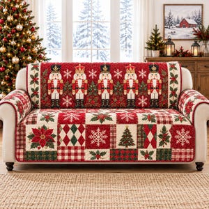 Nutcracker Christmas Quilted Sofa Cover, Red Green Patchwork Couch Protector, Vintage Farmhouse Holiday Sofa Decor