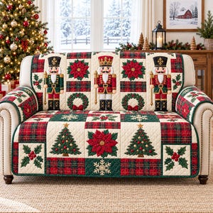 Vintage Christmas Quilted Sofa Cover, Nutcracker Christmas Couch Protector, Red Green Plaid Patchwork Sofa Throw, Holiday Home Decor