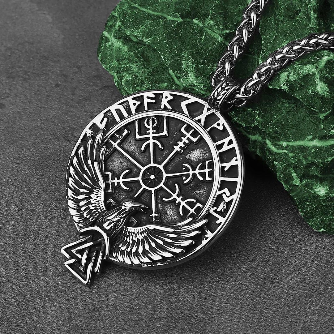 Viking Compass Raven Pendant – Stainless Steel Vegvisir Helm Awe Runes ...