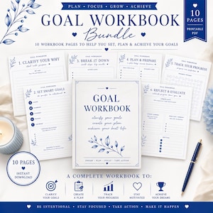May include: A white and blue Goal Workbook bundle with 10 pages. The cover features the title "Goal Workbook" with floral accents. The workbook includes pages to clarify goals, plan, track progress, and achieve dreams. A complete workbook to clarify goals, create a plan, track progress, stay motivated, and achieve dreams.