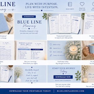 May include: A promotional image for "Blue Line Planning" featuring a light blue planner, habit trackers, and self-care planners. The image includes text such as "Plan with Purpose, Live with Intention" and "Download Now".
