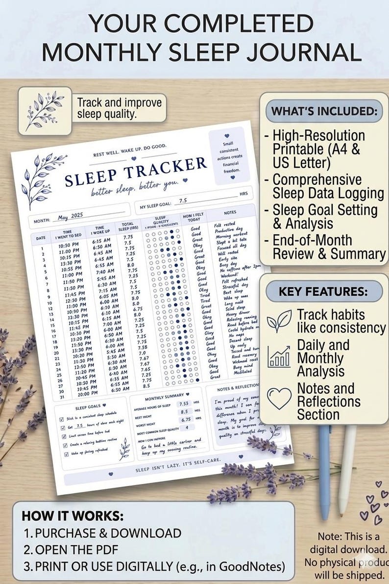 Monthly Sleep Tracker Printable | Wellness Habit Log (PDF Download) - Etsy