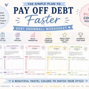 Könnte beinhalten: Ein Set aus digitalen Schuldenabbau-Arbeitsblättern in sechs Pastellfarben. Der Text lautet: The Simple Plan to Pay Off Debt Faster, Debt Snowball Worksheet, 6 Pastel Colors Included, Plan, Pay Off, Be Free und Stay Organized.