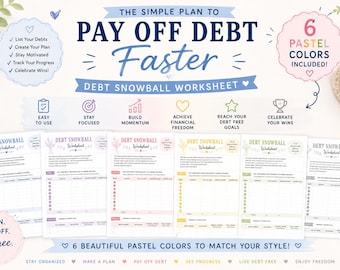 May include: A digital debt snowball worksheet set featuring six pastel-colored templates. The text reads: The Simple Plan to Pay Off Debt Faster, Debt Snowball Worksheet, 6 Pastel Colors Included, Plan, Pay Off, Be Free, and Stay Organized.