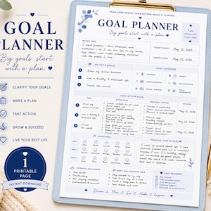May include: A blue and white goal planner with the text "GOAL PLANNER" and "Big goals start with a plan." The planner includes sections for goals, action plans, and milestones. A printable page with an instant download.