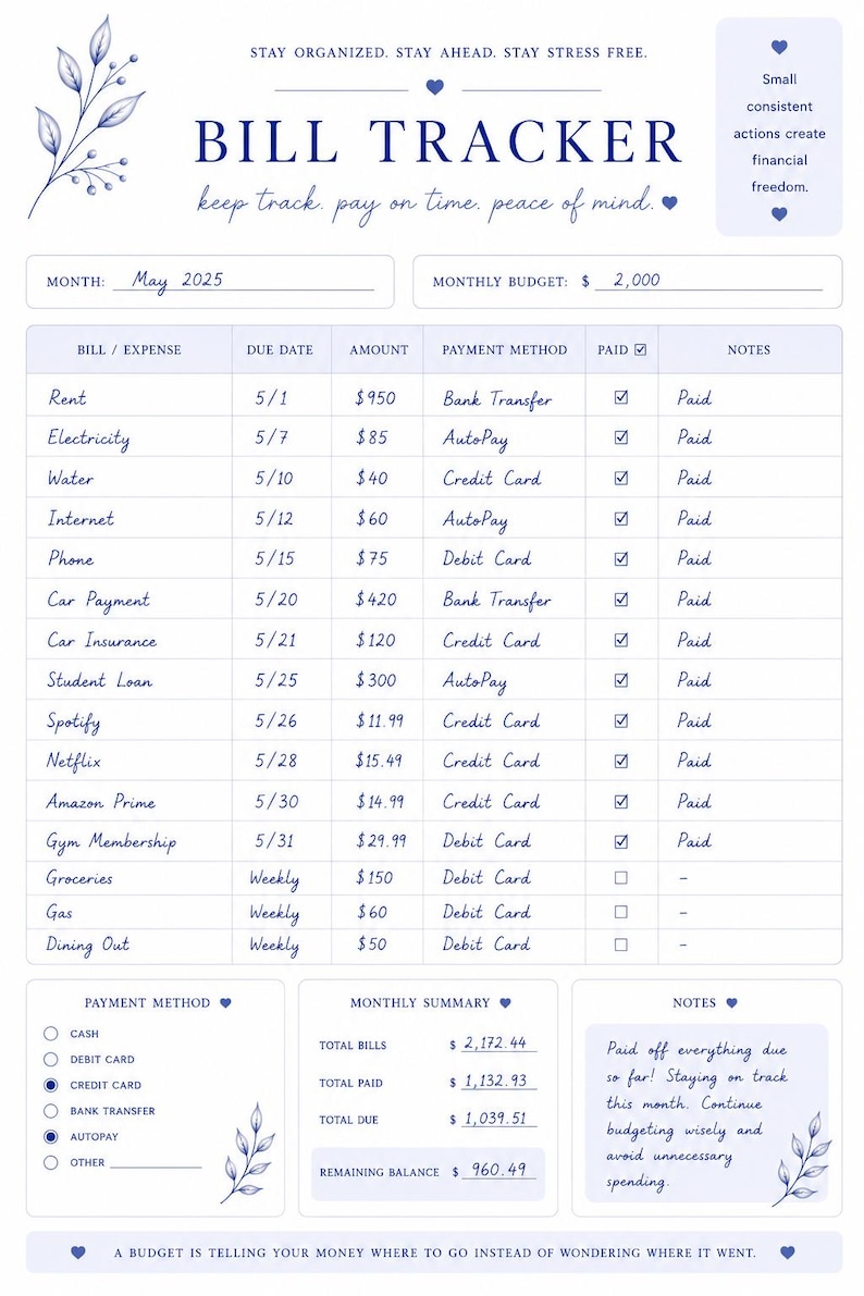 Monthly Bill Tracker Printable | Budget Planner Expense Organizer (PDF ...