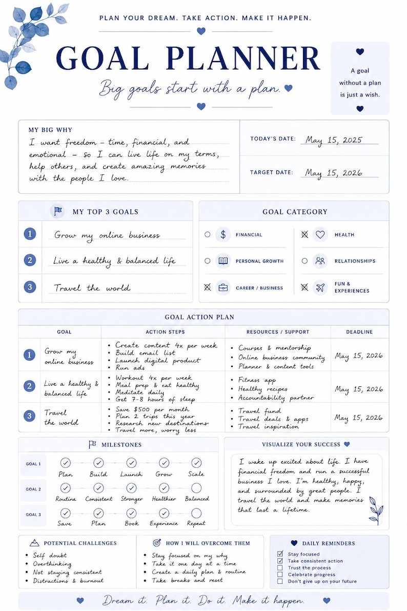 Goal Planner Printable PDF | Action Plan Worksheet (digital Download ...