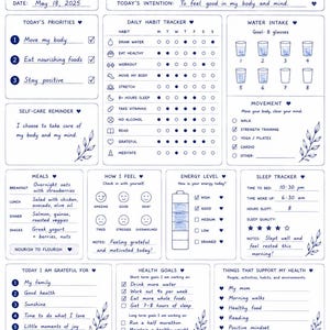 May include: A white and blue Health Habits Planner with a daily tracker, meal suggestions, and space for gratitude and reflection. Includes a sleep tracker and health goals. The text reads "Small Habits. Big Change."
