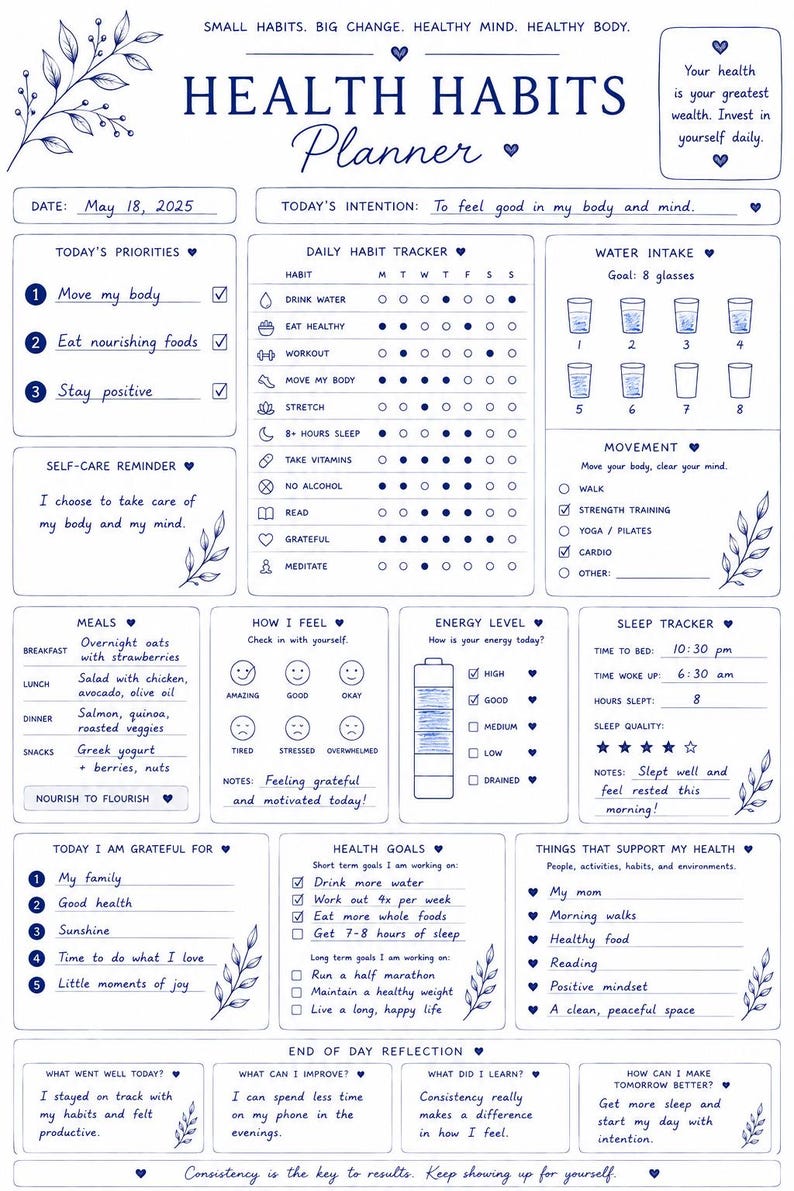 May include: A white and blue Health Habits Planner with a daily tracker, meal suggestions, and space for gratitude and reflection. Includes a sleep tracker and health goals. The text reads "Small Habits. Big Change."
