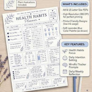 May include: Digital health habits planner download with a soft lavender-blue color palette. Includes sections for daily habits, water intake, sleep tracking, and self-care reminders. Features key elements for health focus, intention setting, and reflection.