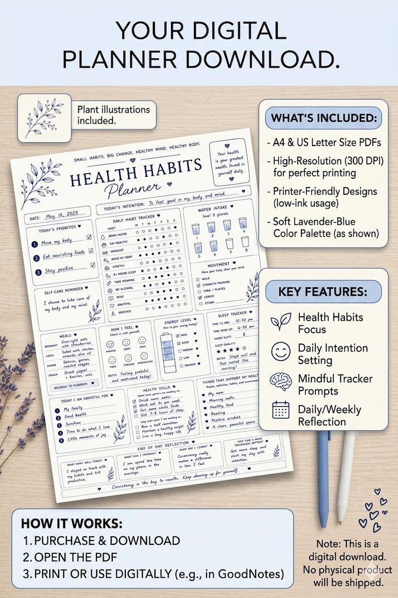 May include: Digital health habits planner download with a soft lavender-blue color palette. Includes sections for daily habits, water intake, sleep tracking, and self-care reminders. Features key elements for health focus, intention setting, and reflection.