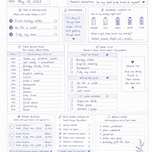 Puede incluir: Planificador amigable para el TDAH con un dise&ntilde;o floral azul, con fecha del 18 de mayo de 2025. Incluye secciones para las principales prioridades, un plan de bloques de tiempo, una lista de tareas y una lista de verificaci&oacute;n de autocuidado.