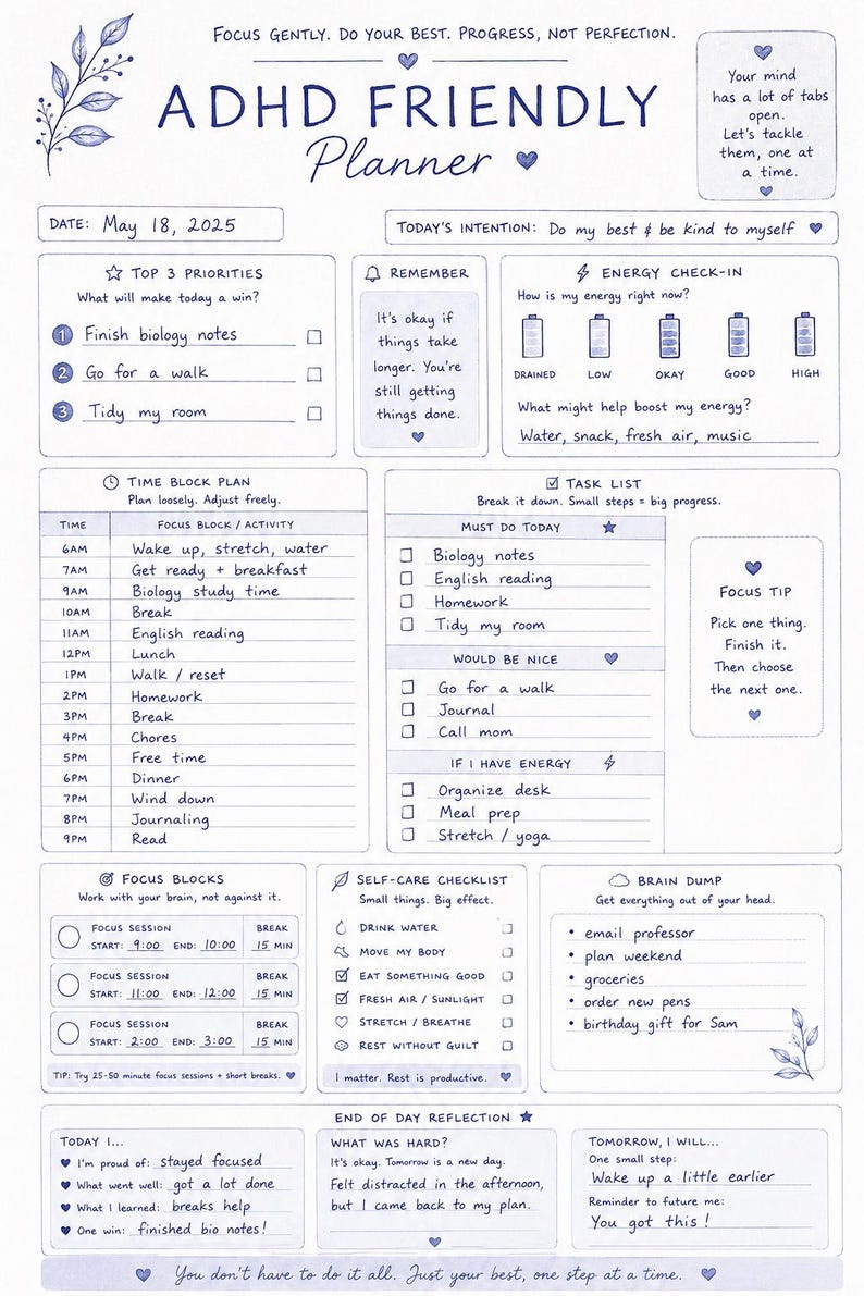 Puede incluir: Planificador amigable para el TDAH con un dise&ntilde;o floral azul, con fecha del 18 de mayo de 2025. Incluye secciones para las principales prioridades, un plan de bloques de tiempo, una lista de tareas y una lista de verificaci&oacute;n de autocuidado.