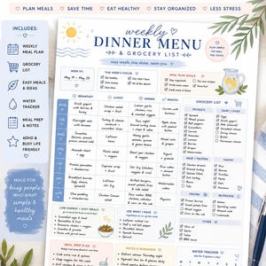 May include: A weekly dinner menu and grocery list printable PDF featuring a meal plan grid, a categorised shopping list, a water tracker, and sections for meal prep notes, all decorated with small illustrations of a sun, pitcher, and starfish.