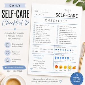 Könnte beinhalten: Ein druckbarer täglicher Selbstpflege-Checkliste mit einem Herz-Grafik. Die Checkliste enthält Abschnitte für Bewegung, Wasseraufnahme, Stimmung und Schlaf. Der Text enthält "Sofort-Download" und "Druckbarer Selbstpflegeplaner".