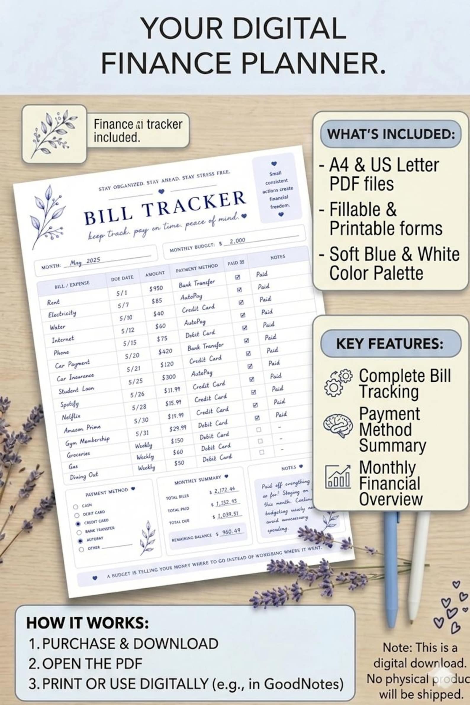 Monthly Bill Tracker Printable | Budget Planner Expense Organizer (PDF ...