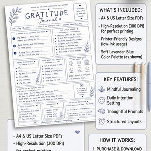 May include: Digital gratitude journal download with a soft lavender-blue color palette. Includes A4 & US Letter size PDFs, high-resolution files, and printer-friendly designs. Features mindful journaling, daily intention setting, and structured layouts.