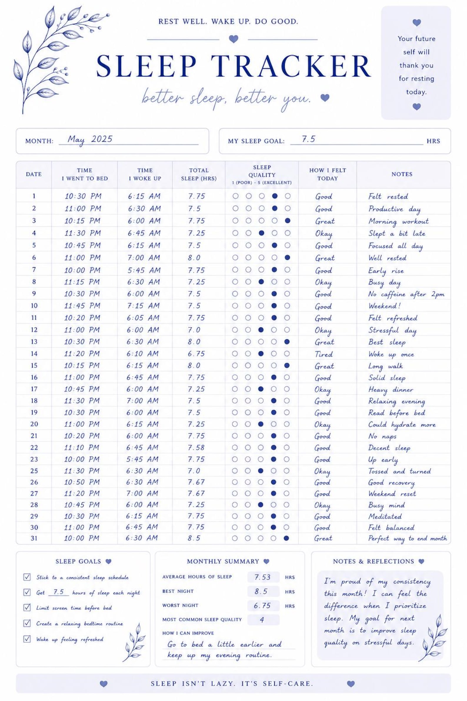 Monthly Sleep Tracker Printable | Wellness Habit Log (PDF Download) - Etsy