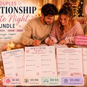 Puede incluir: Un paquete imprimible de relación y cita nocturna para parejas que incluye nueve páginas de actividades. Los documentos incluyen títulos como Our Relationship Check-In, Our Future Together y For My Partner A Letter To Our Future con corazones.