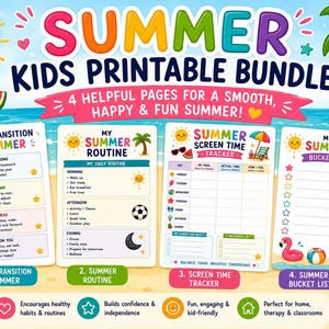 May include: A colorful summer-themed printable bundle for kids. The design includes a smiling sun wearing sunglasses, a popsicle, watermelon, and beach ball. The bundle includes pages for summer routines, screen time tracking, and a bucket list.