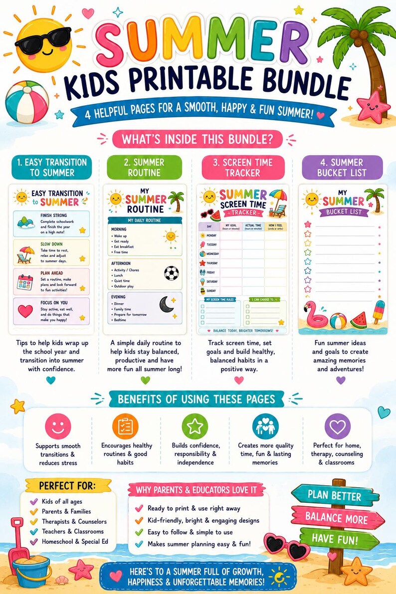 Summer Routine Pdf Summer Kids Printable Bundle | Routine, Screen Time Tracker, Bucket ...