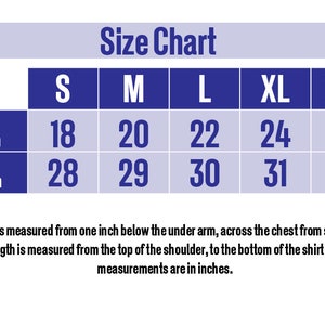 May include: Size chart for clothing with measurements in inches for chest width and body length. Sizes include S, M, L, XL, and 2XL.