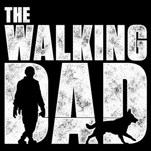 Puede incluir: Un dise&ntilde;o gr&aacute;fico blanco con el texto "The Walking Dad" en una fuente desgastada. Una silueta de una persona paseando a un perro se encuentra en el centro del dise&ntilde;o.