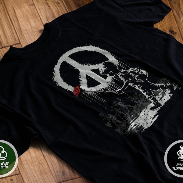 Peace T-Shirt Banksy Style | Ukraine Shirt | Boy with Rose tshirt | Street Art Tee | Ringspun Cotton