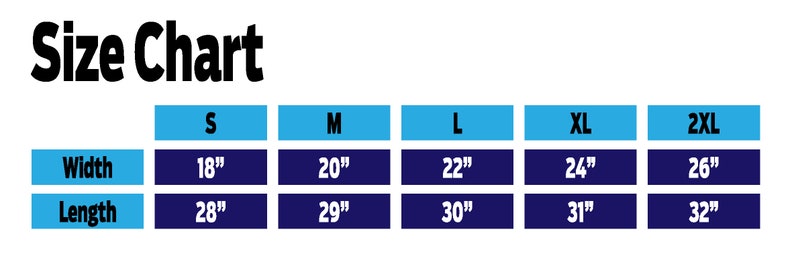 Puede incluir: Tabla de tallas para ropa con medidas en pulgadas. La tabla muestra el ancho y la longitud de las tallas S, M, L, XL y 2XL.