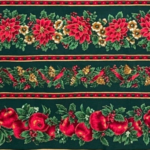 Christmas Apple and Poinsettia Cotton Fabric, Pinecone, Holly and Berries, Cranston Print Works