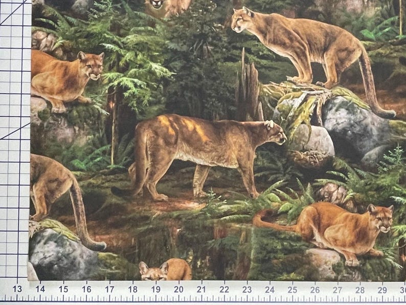 May include: Cougar-themed fabric featuring multiple cougars in a forest setting. The cougars are depicted in shades of brown and tan, amidst green foliage, rocks, and tree trunks. The fabric design evokes a sense of the wild.