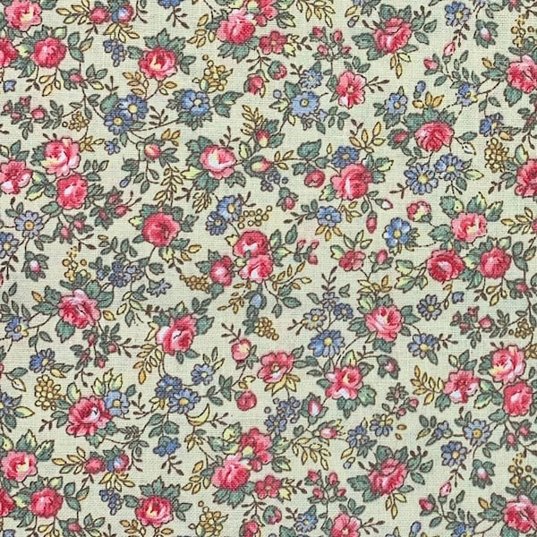 100% Cotton Pale Yellow, Blue and Pink Calico Fabric, Small Print County Floral