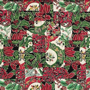 May include: A patchwork fabric featuring a repeating pattern of red poinsettias, green holly leaves, and white and gold ornaments. The fabric is ideal for crafting projects such as quilts, cushions, and table runners.