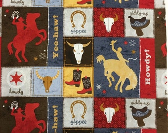 Country Western Cotton Fabric, Cowboy, Bronco, Rodeo, Ranch. Howdy