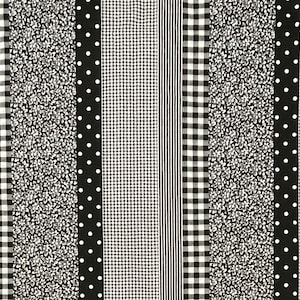 May include: Black and white fabric with a variety of patterns, including polka dots, gingham, stripes, and floral designs.