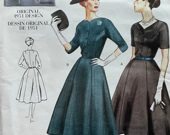 May include: Vintage sewing pattern for a dress with a full skirt. The pattern shows two different styles, one with a black skirt and the other with a plaid skirt. The pattern is from 1951 and includes the text "Original 1951 Design Dessin Original De 1951".