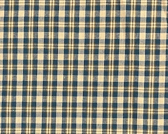 Beige and Medium Blue Plaid Cotton Homespun Fabric, Woven. Autumn, Fall