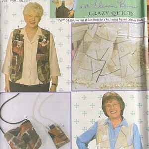 May include: A sewing pattern for a vest, evening bag, and cell phone pouch. The pattern includes instructions for making a 31" x 39" crib quilt. The pattern is titled "Crazy Quilts" and features a woman wearing a vest made from patchwork fabric.